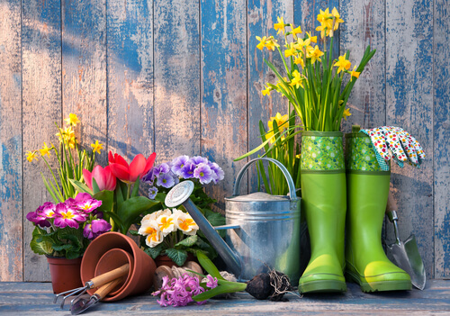 Gardening tools and boots with flowers